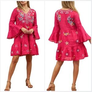 Karyn Seo Embroidered V-Neck Bell Sleeve Tiered Dress Size XL‎ NWOT